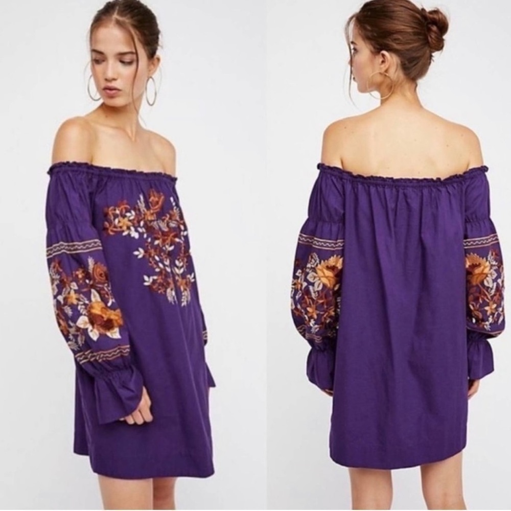 Free People Women's Fleur Du Jour Shift Purple Dress Embroidered Off Shoulder